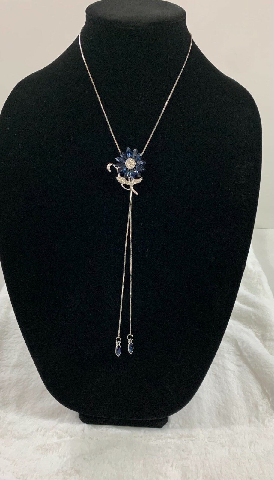 Women’s Long Necklace Lariat Floral Faux Gem Pendant Silver Color