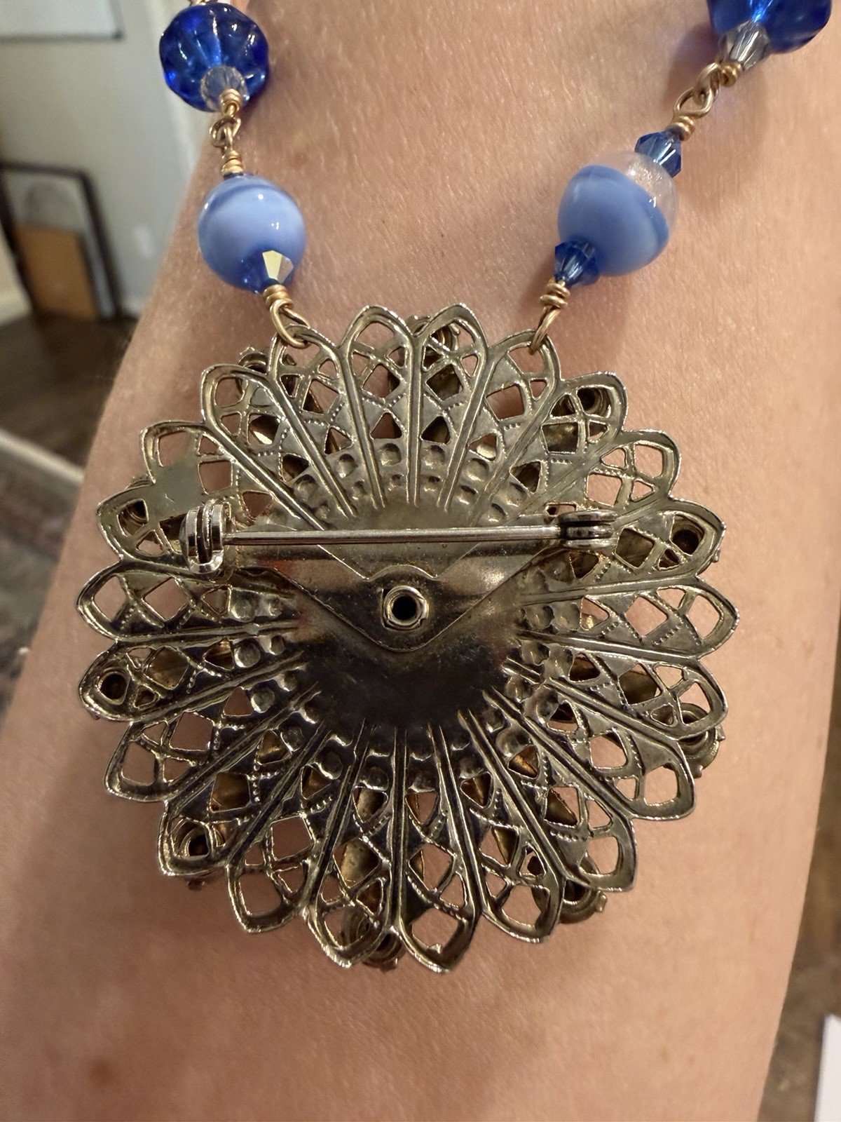 Vintage Assemblage Necklace Blue Rhinestone Brooch Pendant Art glass 925 Clasp