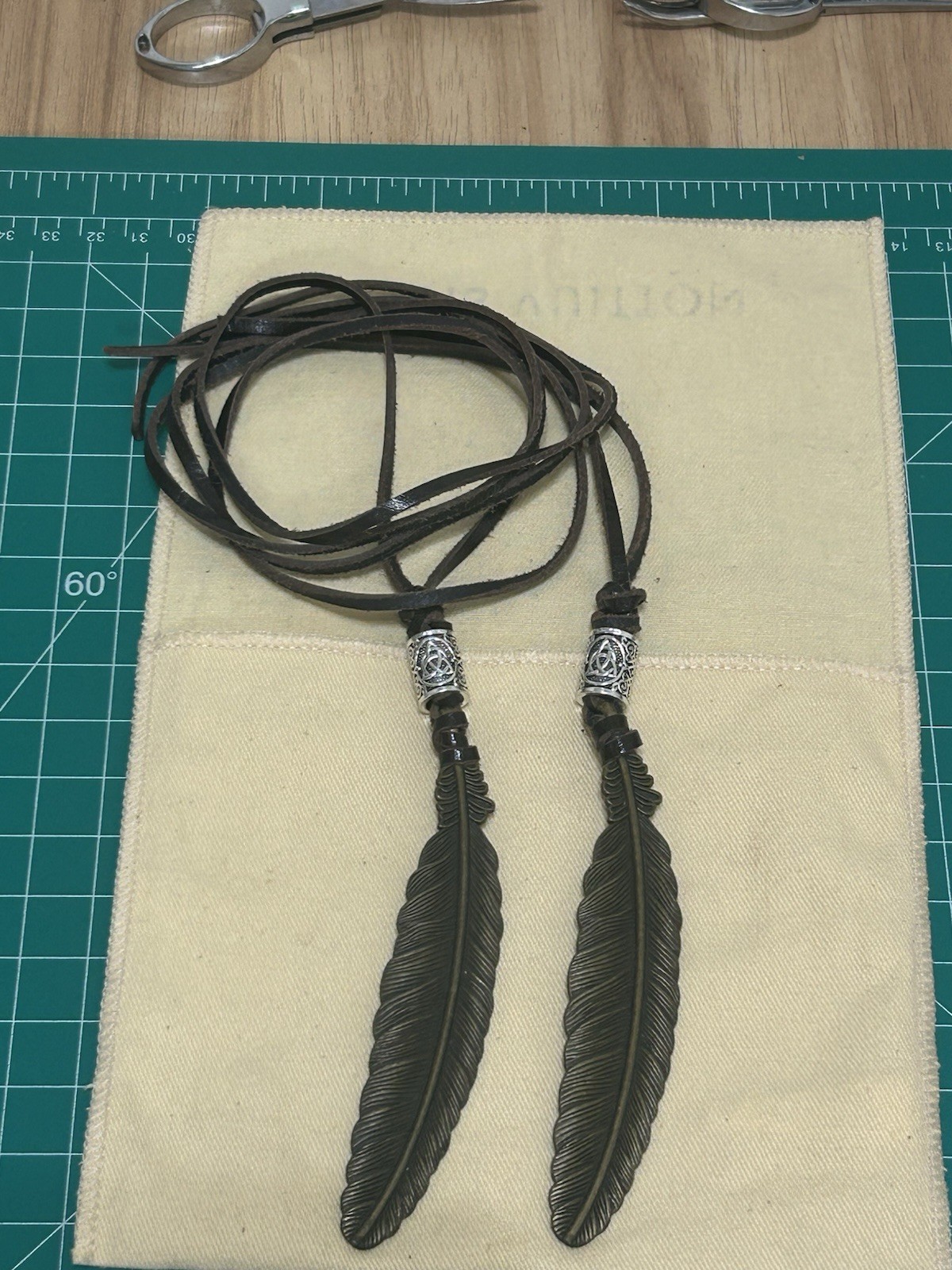 Men/Women 2 Two Vintage Brass Feather Pendant /Leather Straps