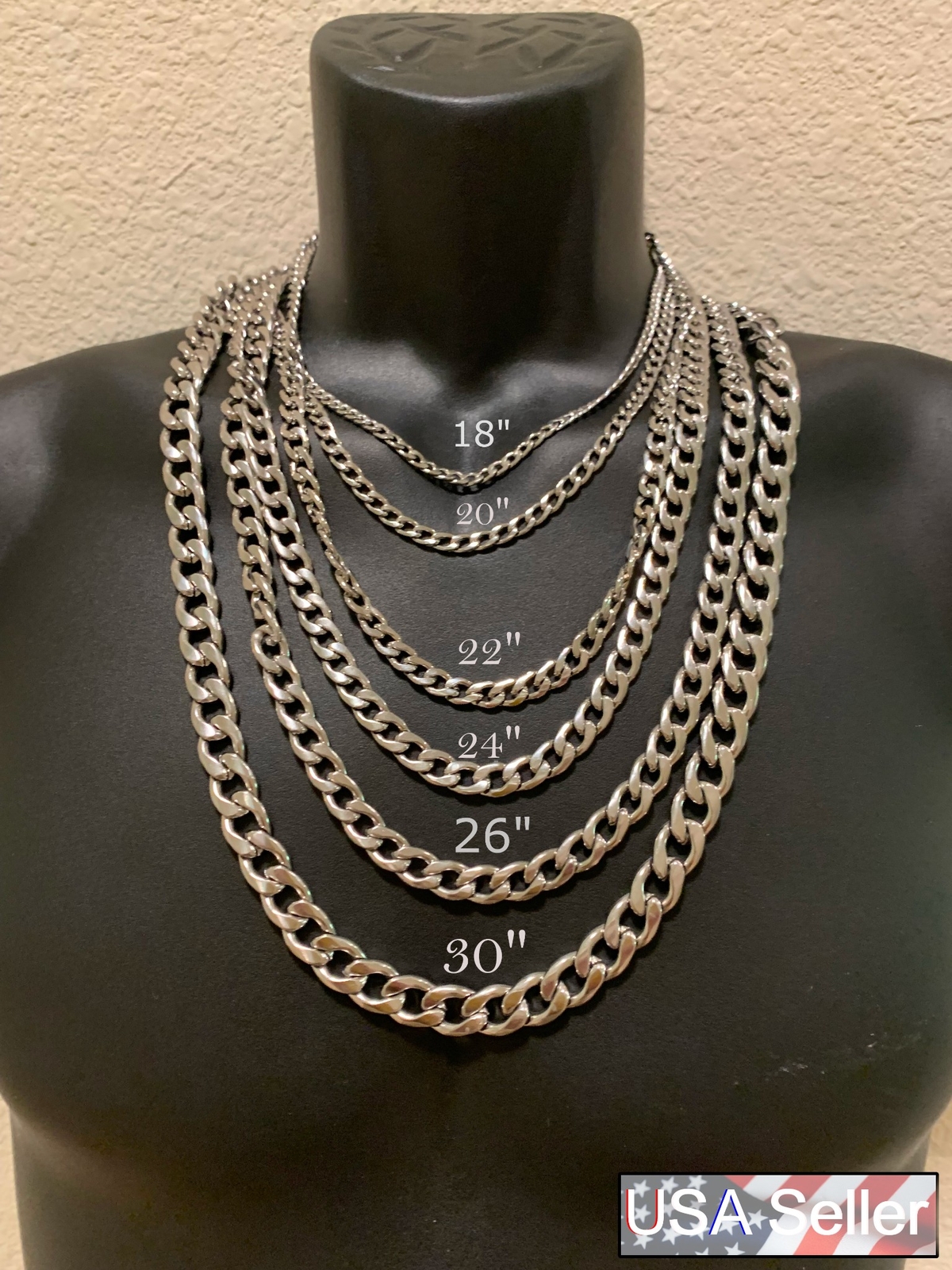 28 INCH, 3/4/5/7/9/11mmSTAINLESS STEEL CUBAN CURB SILVER CHAIN USA SELLER
