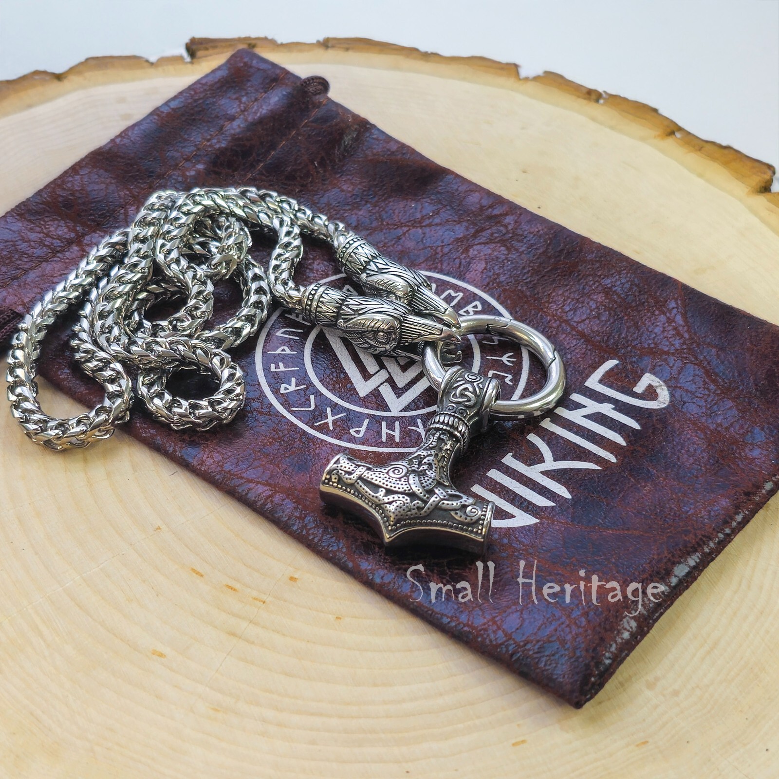Viking Ravens Necklace Stainless Steel Hammer Mjolnir Pendant Huginn and Muninn