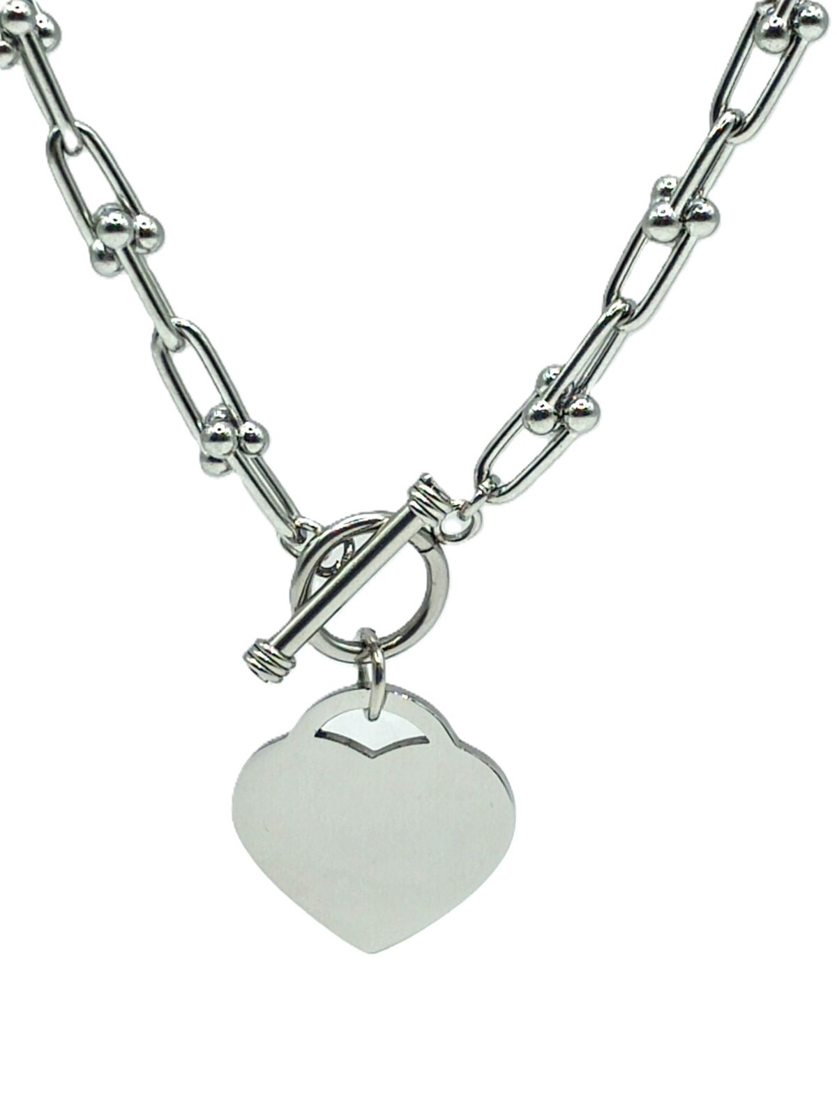 Horseshoe Barbell Link Chain w Heart Charm Toggle Necklace | 316L Surgical Steel
