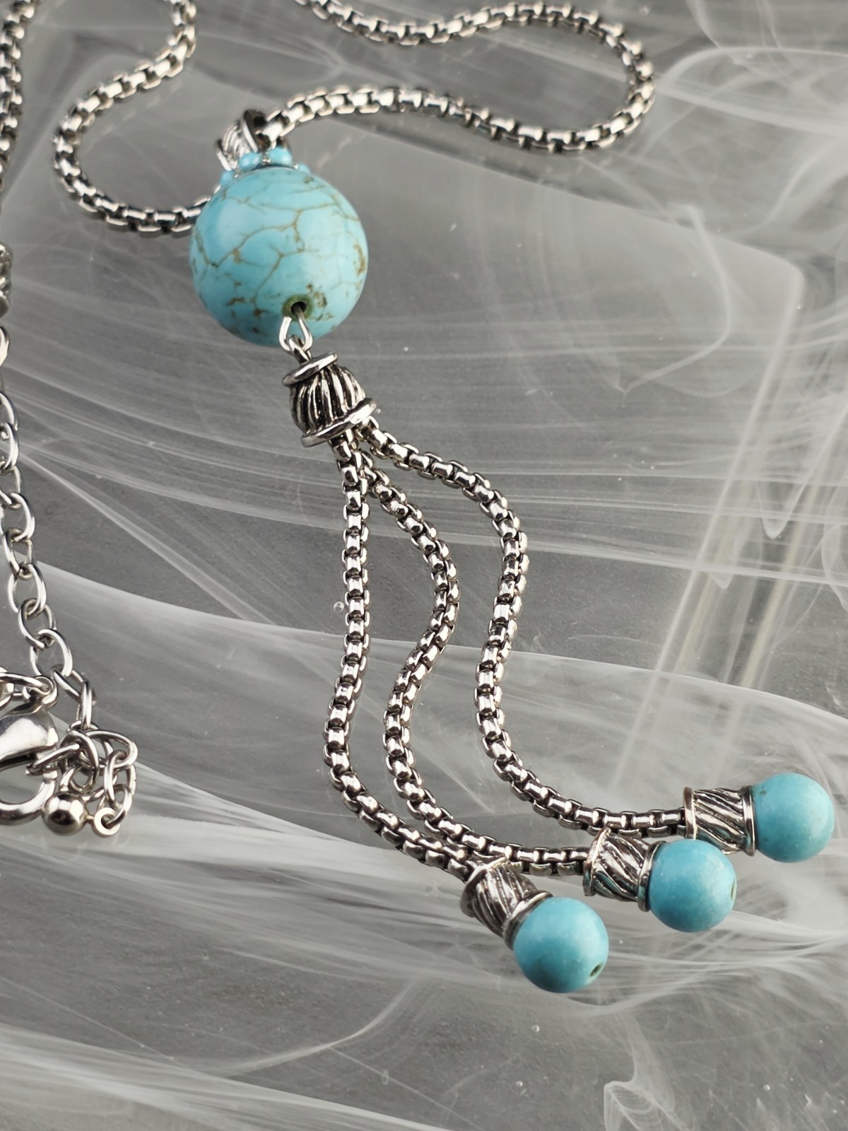 Southwestern Turquoise Tassel Pendant Necklace Heavy Silver Tone 16½” – 19½”