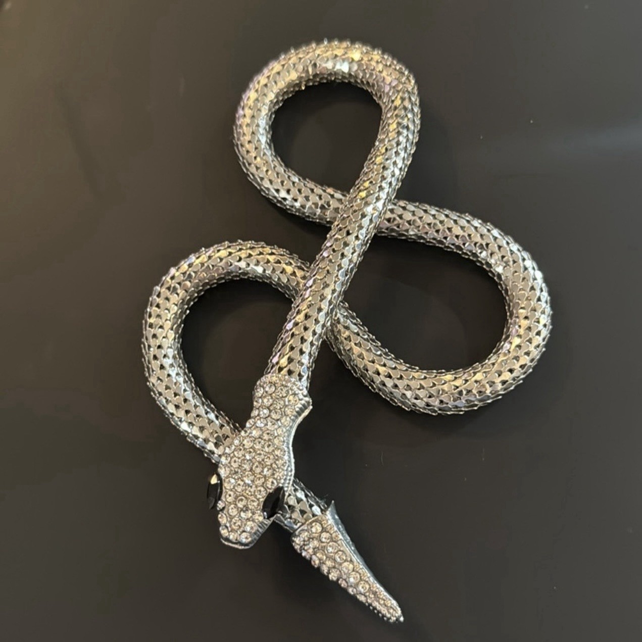 Silver Tone Snake Mesh Chain Necklace, Pavé Crystal Rhinestones, 21 in