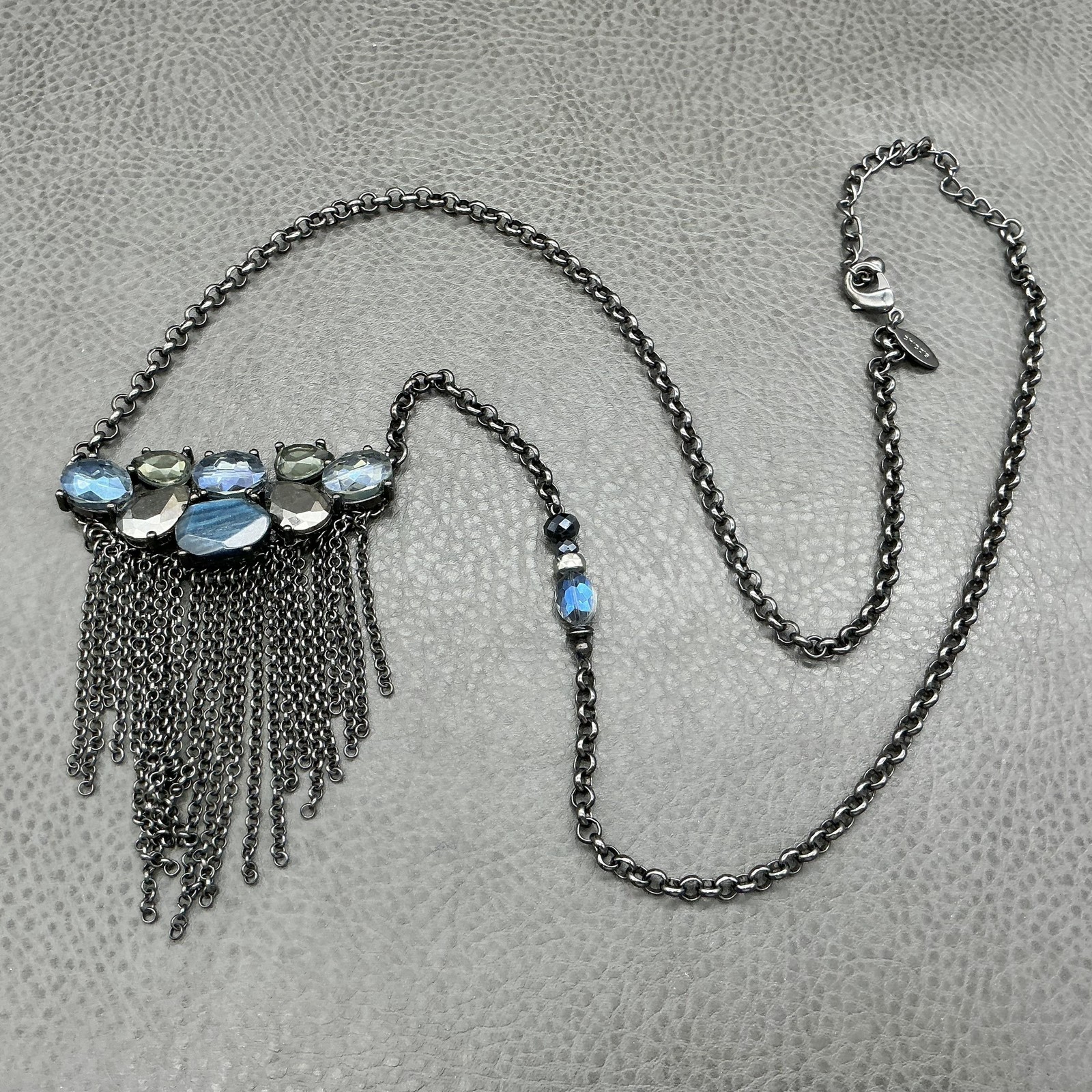 Chicos Necklace Silver Tone Blue Glass Bib Fringe 32 In Womens Statement Jewelry