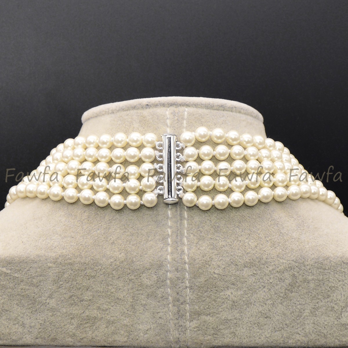 5 Rows 6-12mm Round Creamy White Shell Pearl Imitation Pearl Necklace 18-22”