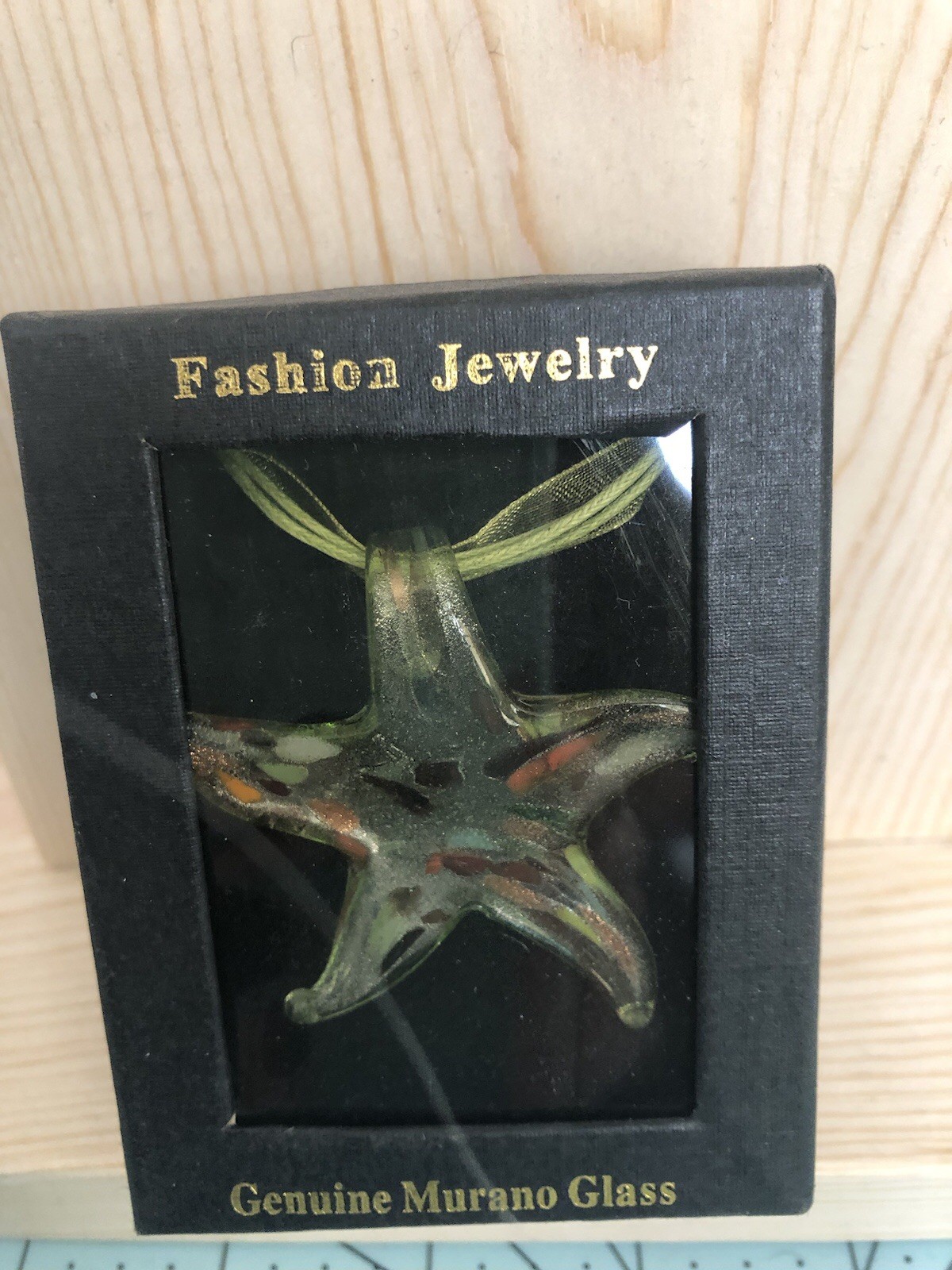 Glass Starfish Pendant Necklace Green Tint/Multi Colored Ribbon&Cord Sea Life