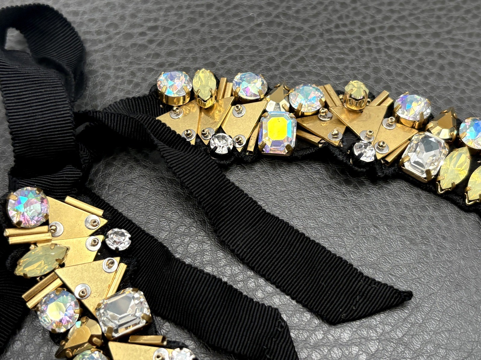 J Crew Crystal Rhinestone Statement Bib Necklace Black Fabric Ribbon Gold Tone