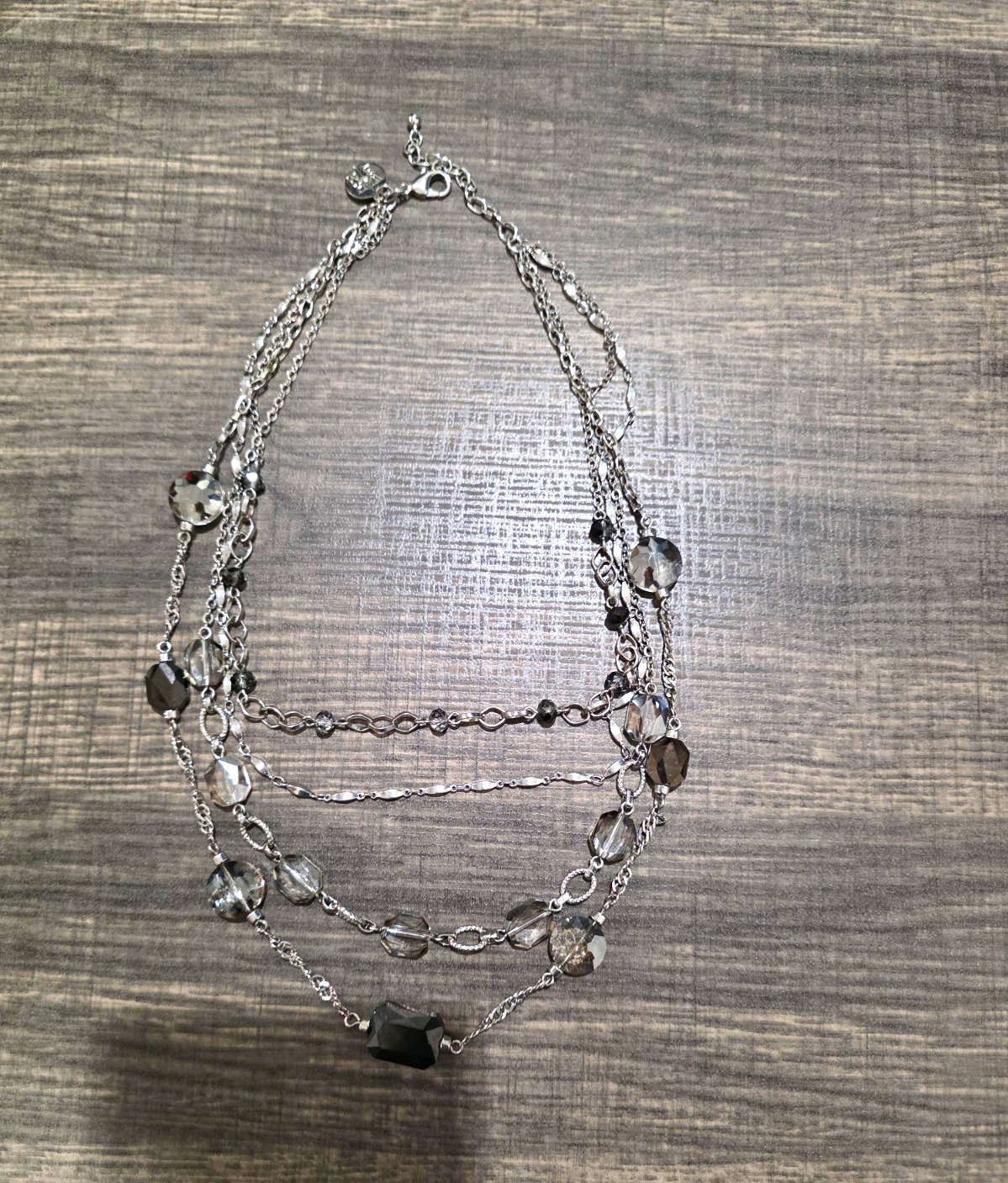 Silver Tone Layered Crystal Beaded Necklace Cable Chain Round Charm Adjustable