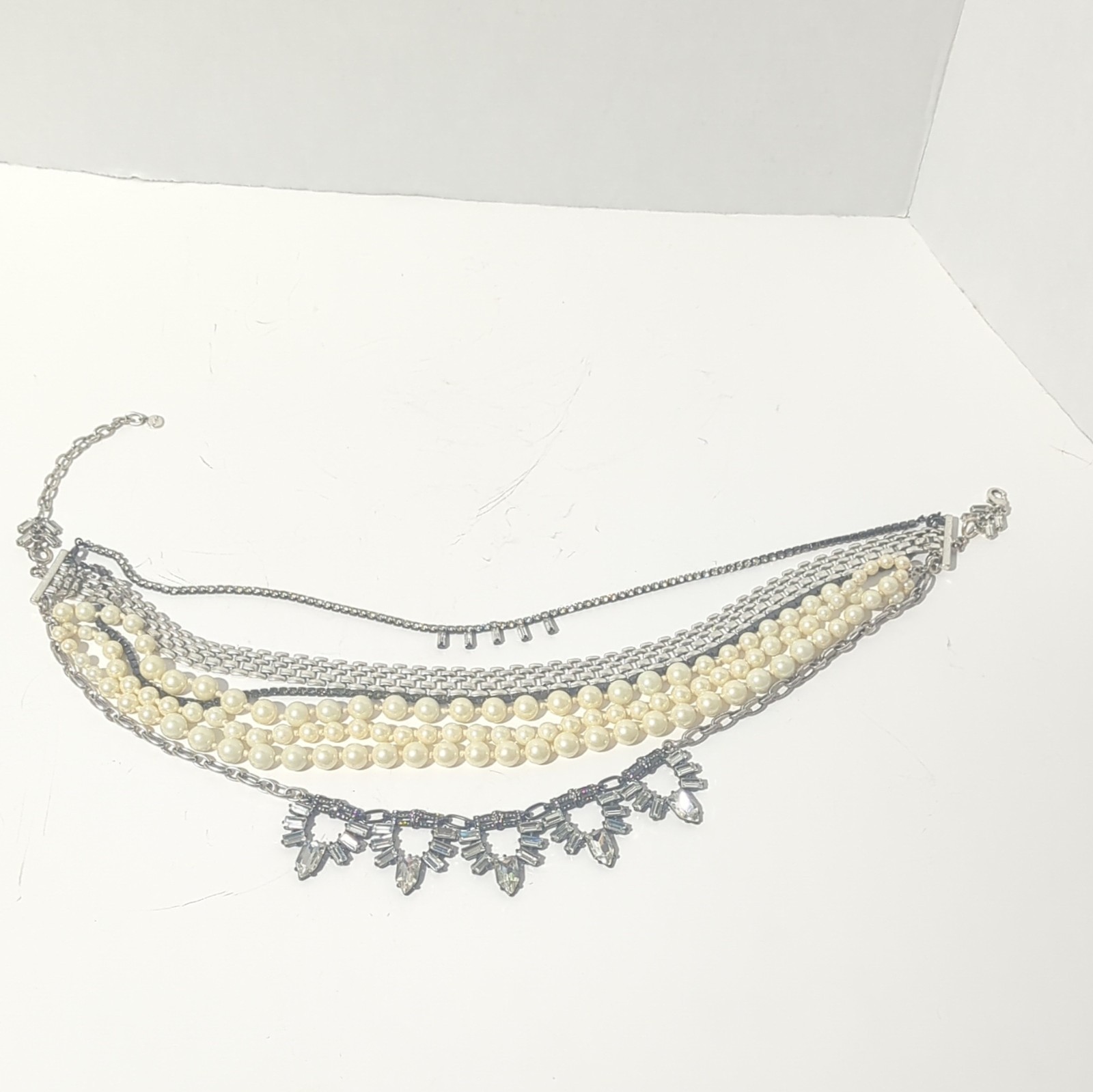 Stella & Dot 5-in-1 Convertible Statement Necklace Silver Pearl Crystal Layered.