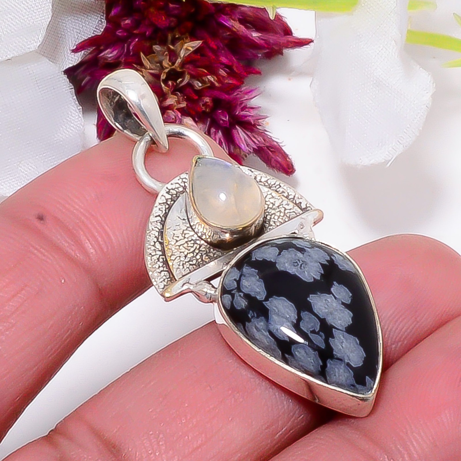 Snowflake Obsidian & Rainbow Moonstone 925 Sterling Silver Pendant 1.87″ Sku12