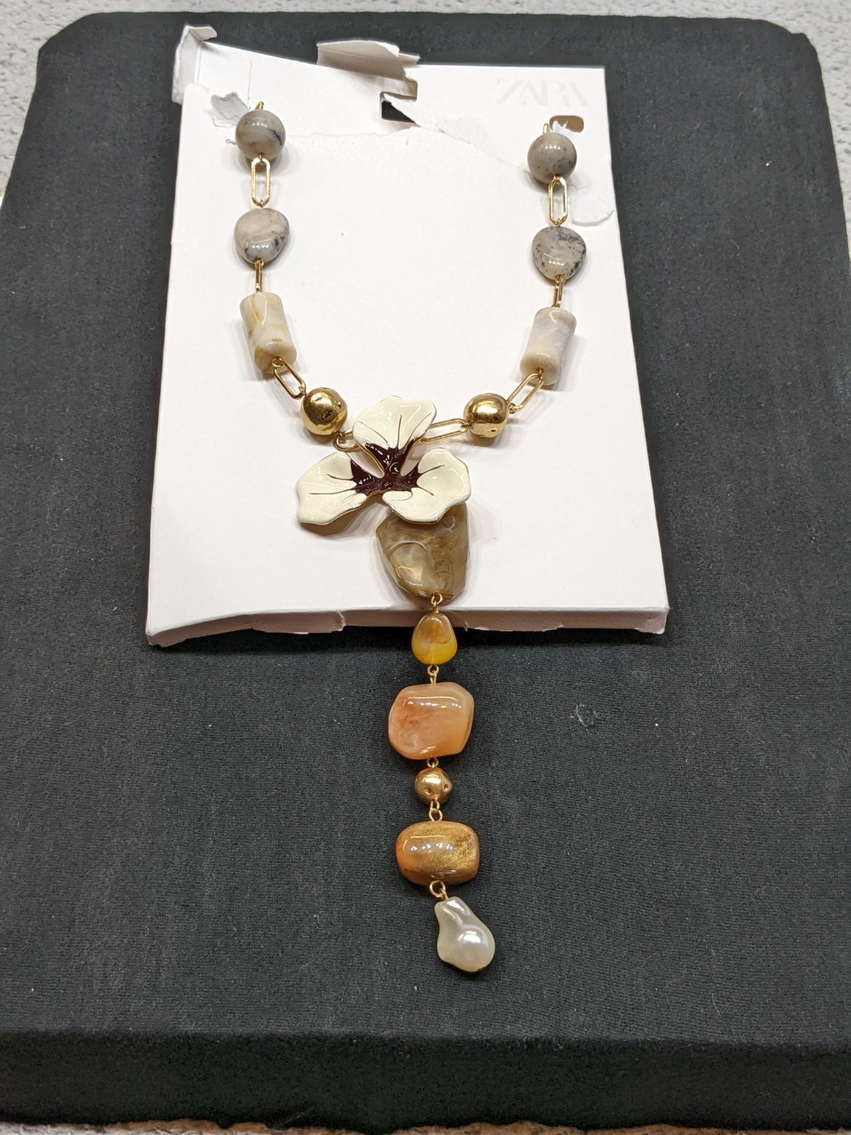 Zara Tropical Flower Pendant Necklace Faux Stone Pearl Statement Jewelry