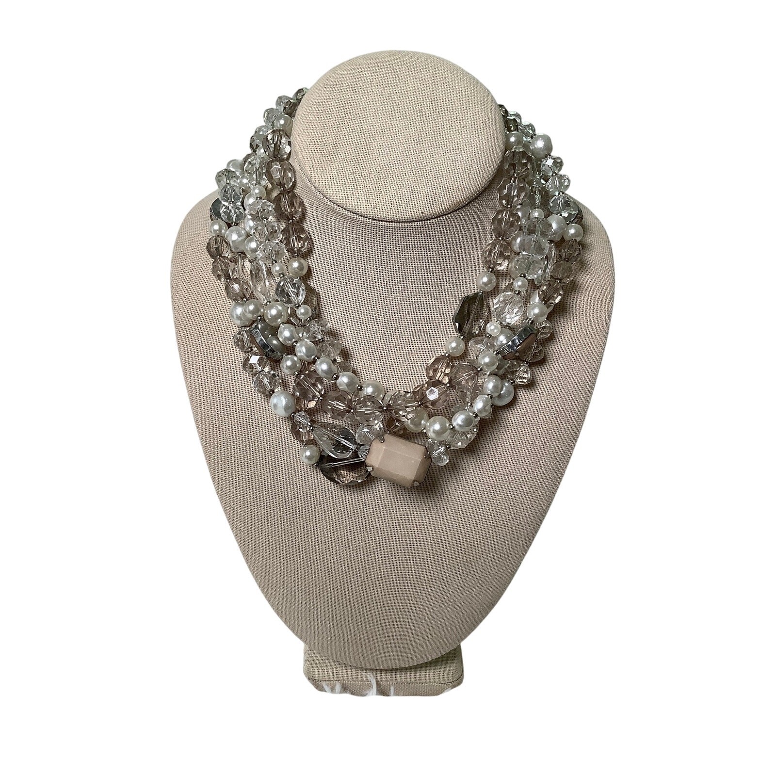 White House Black Market Chunky Pearl Crystal Beaded Statement Necklace F14-3