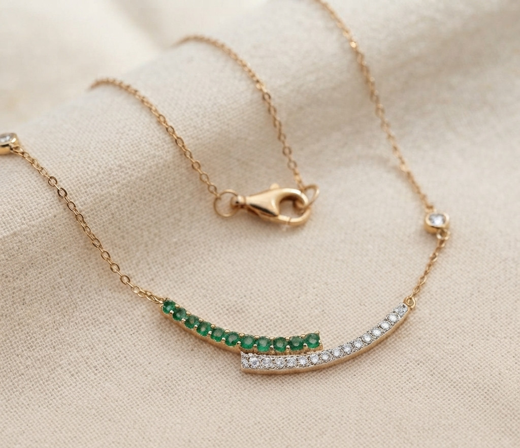 Gold Tone Curved Bar Necklace Green & Clear CZ Dainty Minimalist Pendant Chain