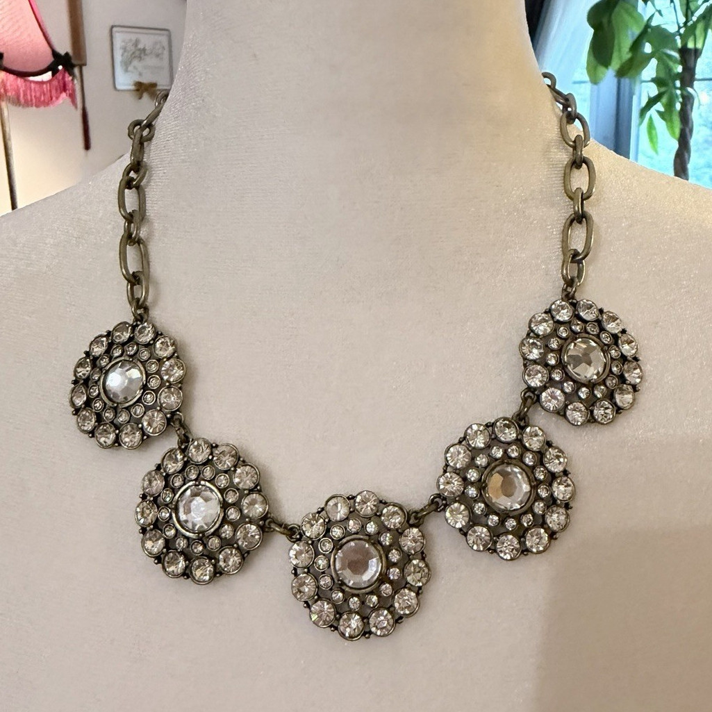 J.Crew Gold Tone Clear Crystal Cluster Statement Link Chain Necklace Adjustable