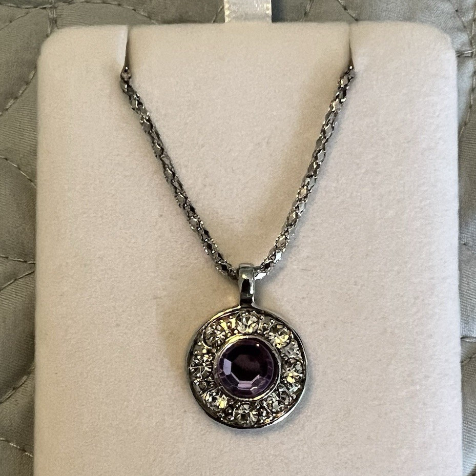 Silver Purple Crystal Round Halo Pendant Necklace Metal Round Link 16” Chain