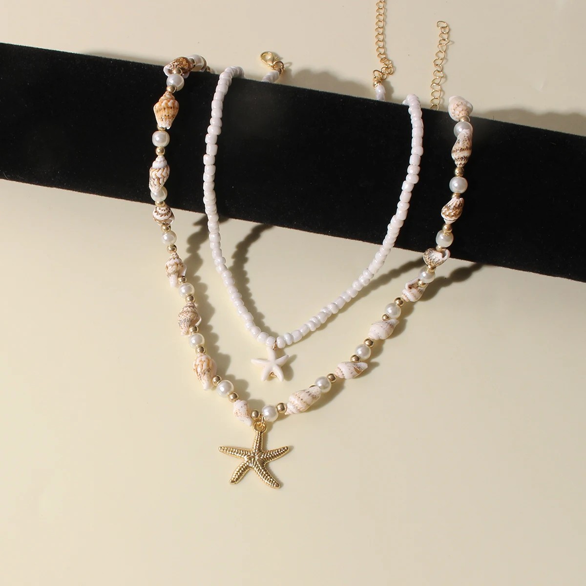 Boho Starfish Shell Beaded Necklace Set 2PCS Beach Pendant Choker for Women