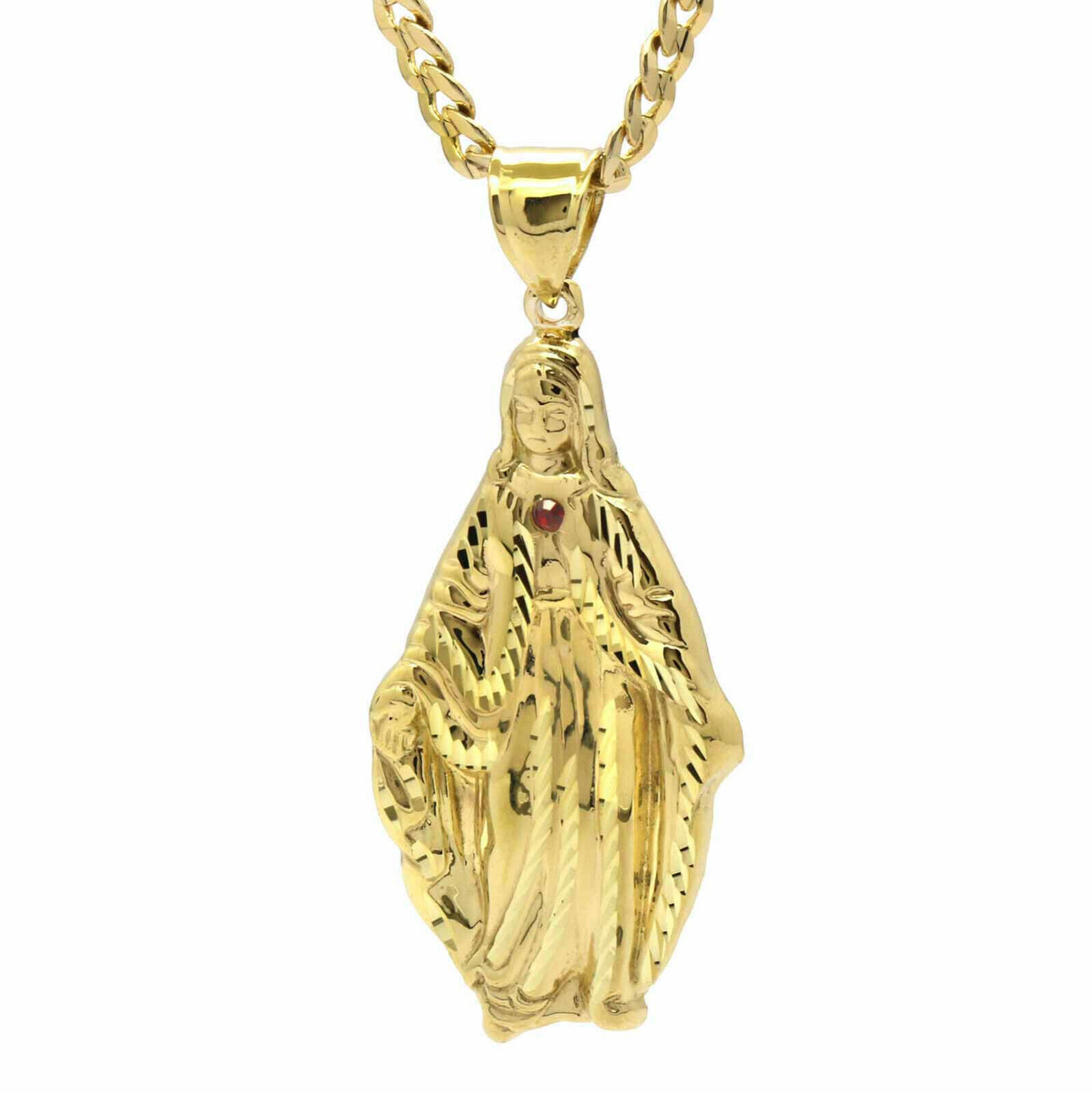 Brass Virgin Mary Gold Plated Pendant & 24″ 14K Stamped Cuban Chain Necklace