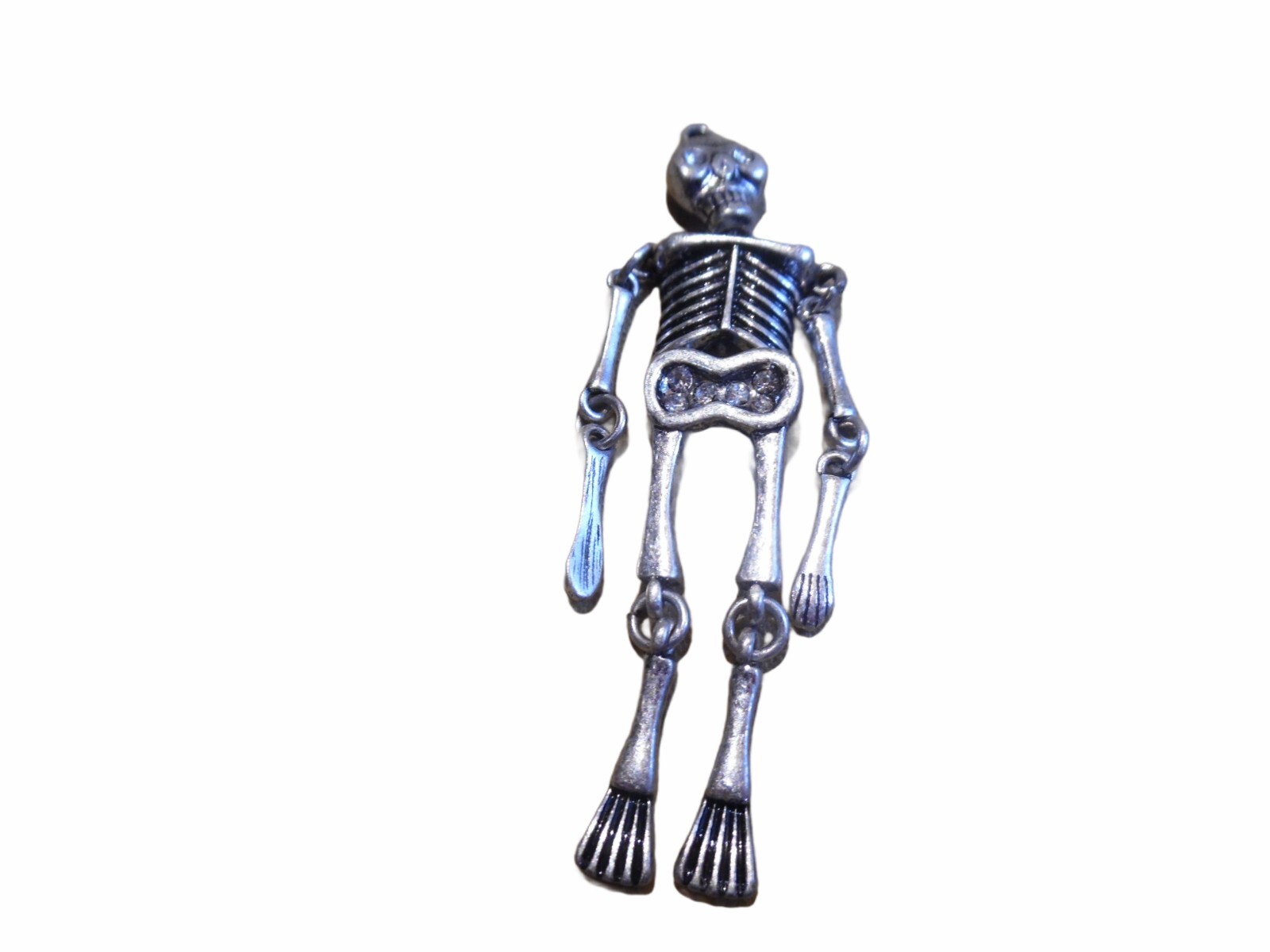 Articulated Skeleton Pendant Silver Color With Rhinestones