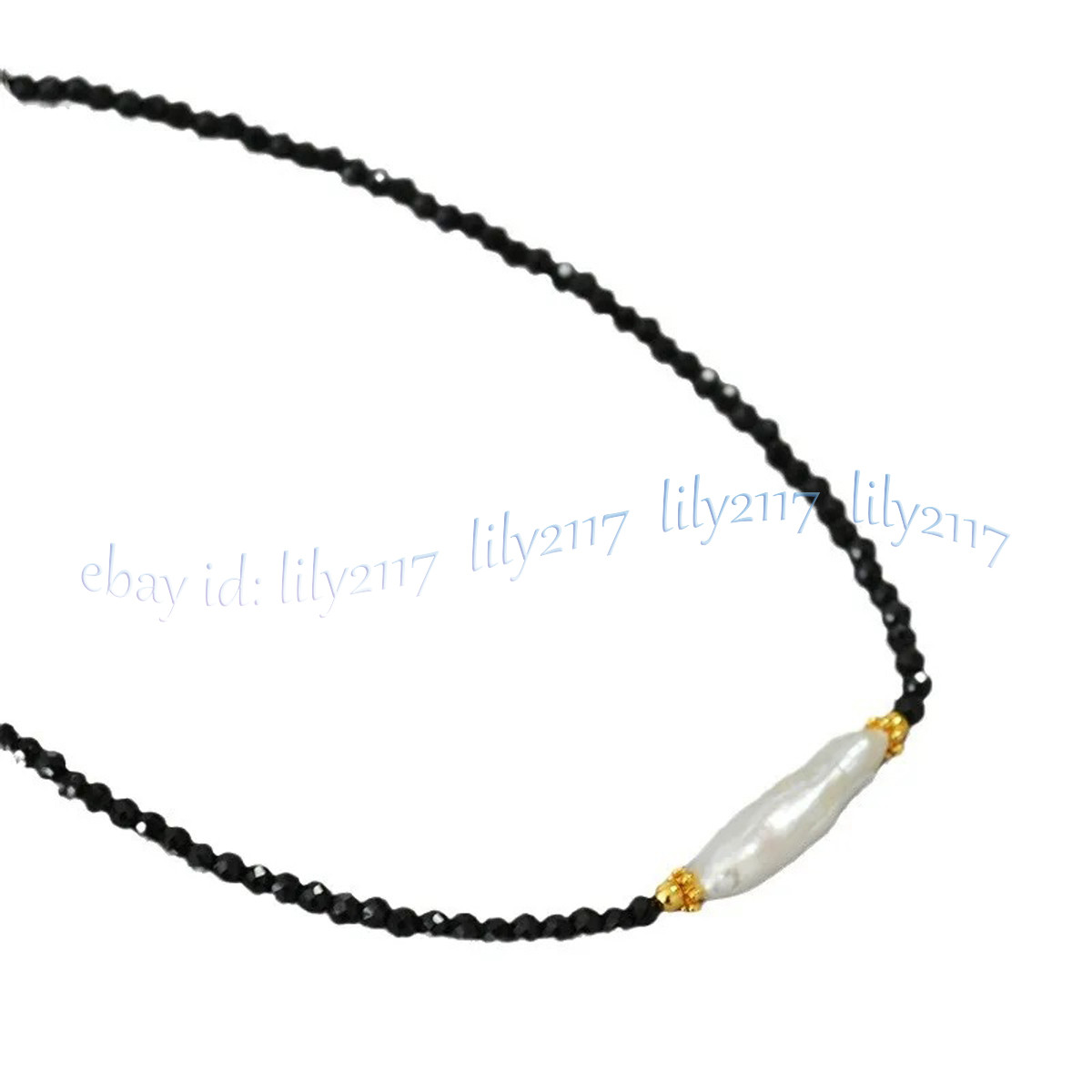 3mm Faceted Black Spinel Round Gems Natural White Baroque Stick Pearl Necklace
