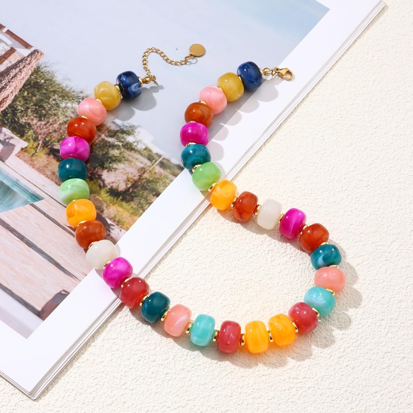 Chunky Beaded Statement Necklace for Women Colorful Boho Choker