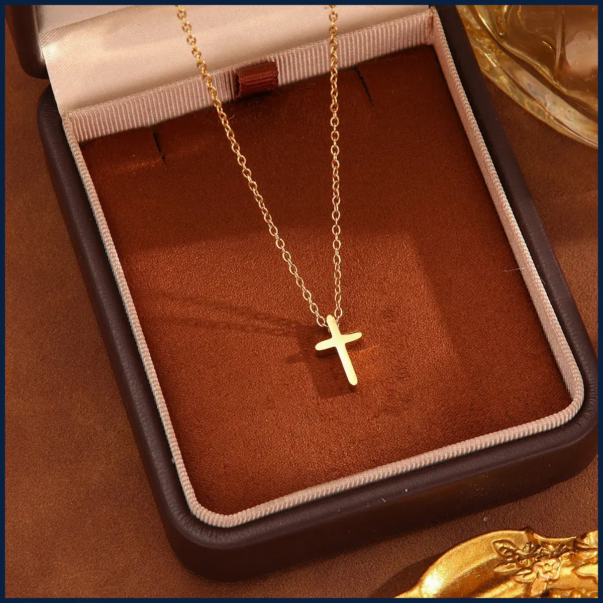 18K PVD Gold Plated Stainless Steel Cross Necklace for Women, Simple Dainty