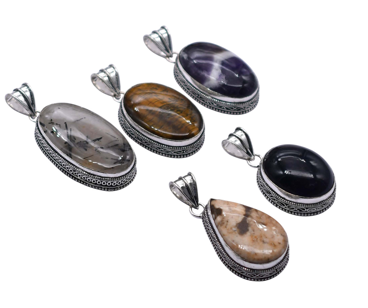 5 PCS Mix Gemstones Ethnic Handmade Pendant Silver Plated Mix Lot PP 157