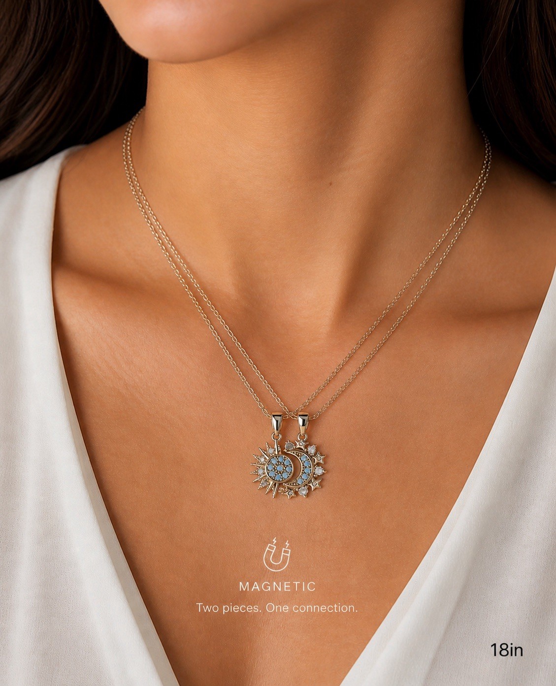 Silver Blue Gemstone Sun & Moon Matching Necklace Set Adjustable Stainless Steel