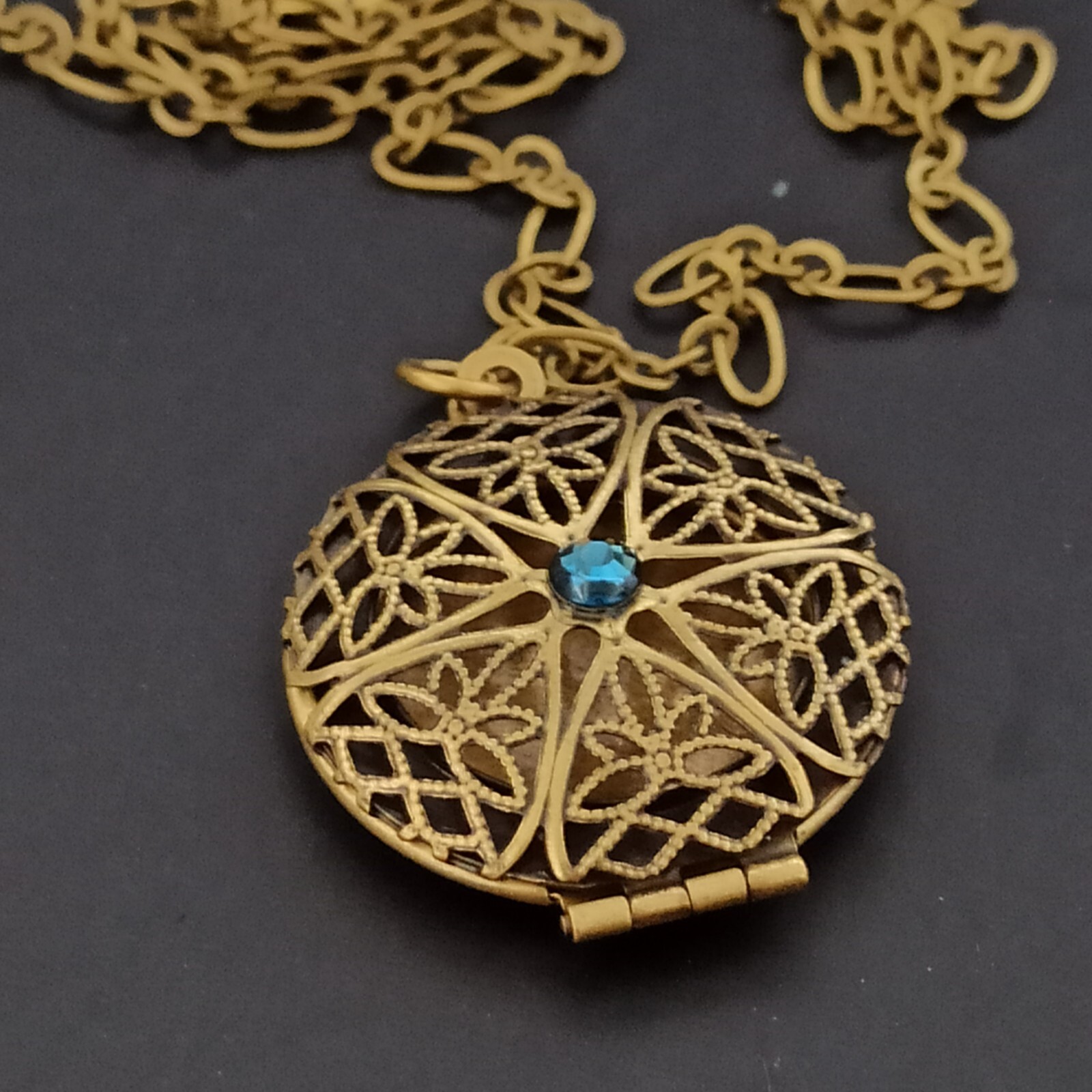 Michal Negrin Locket Necklace Mesh Romantic Blue Crystal Art Deco Revival Long