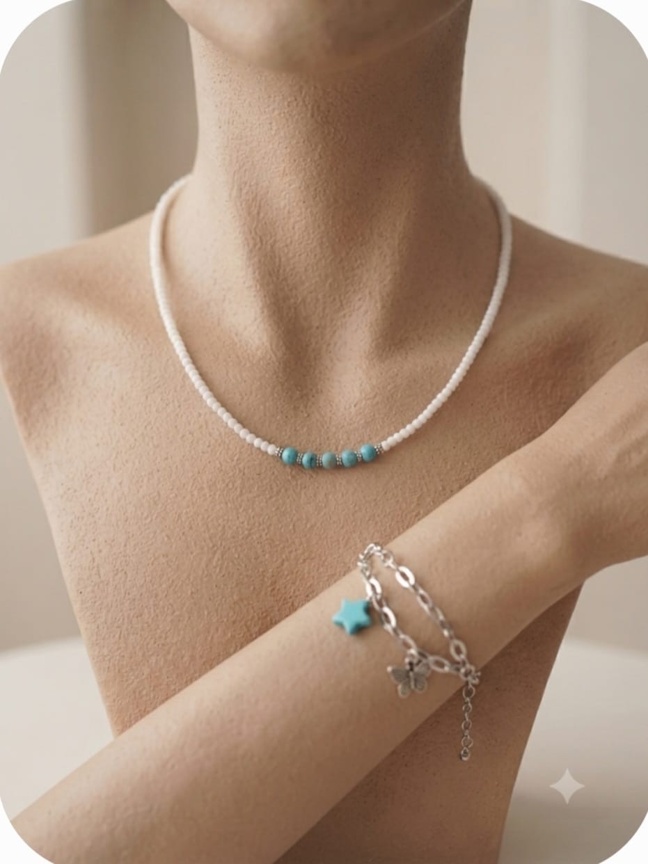 Boho White Seed Bead Choker Turquoise Stones & Silver Chain Star Butterfly Brace