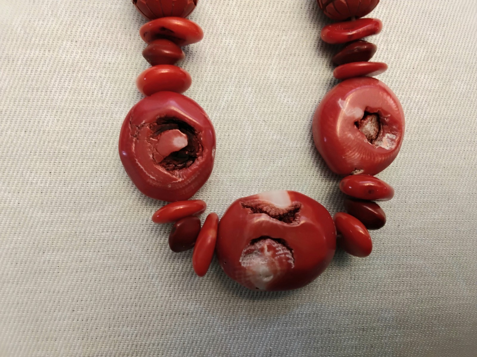 Vintage Chunky Bamboo Coral Necklace With Carved Beads & Metal Hook Closure