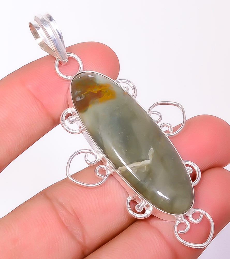 Natural Polychrome Jasper – Madagascar 925 Silver Plated Pendant 2.85″ T2753