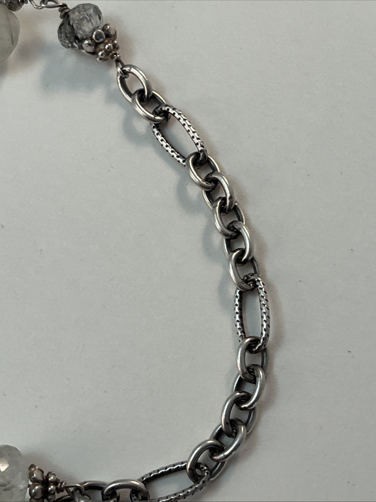Silver Tone Black/Clear Rutilated Quartz Station Chain Necklace 46″