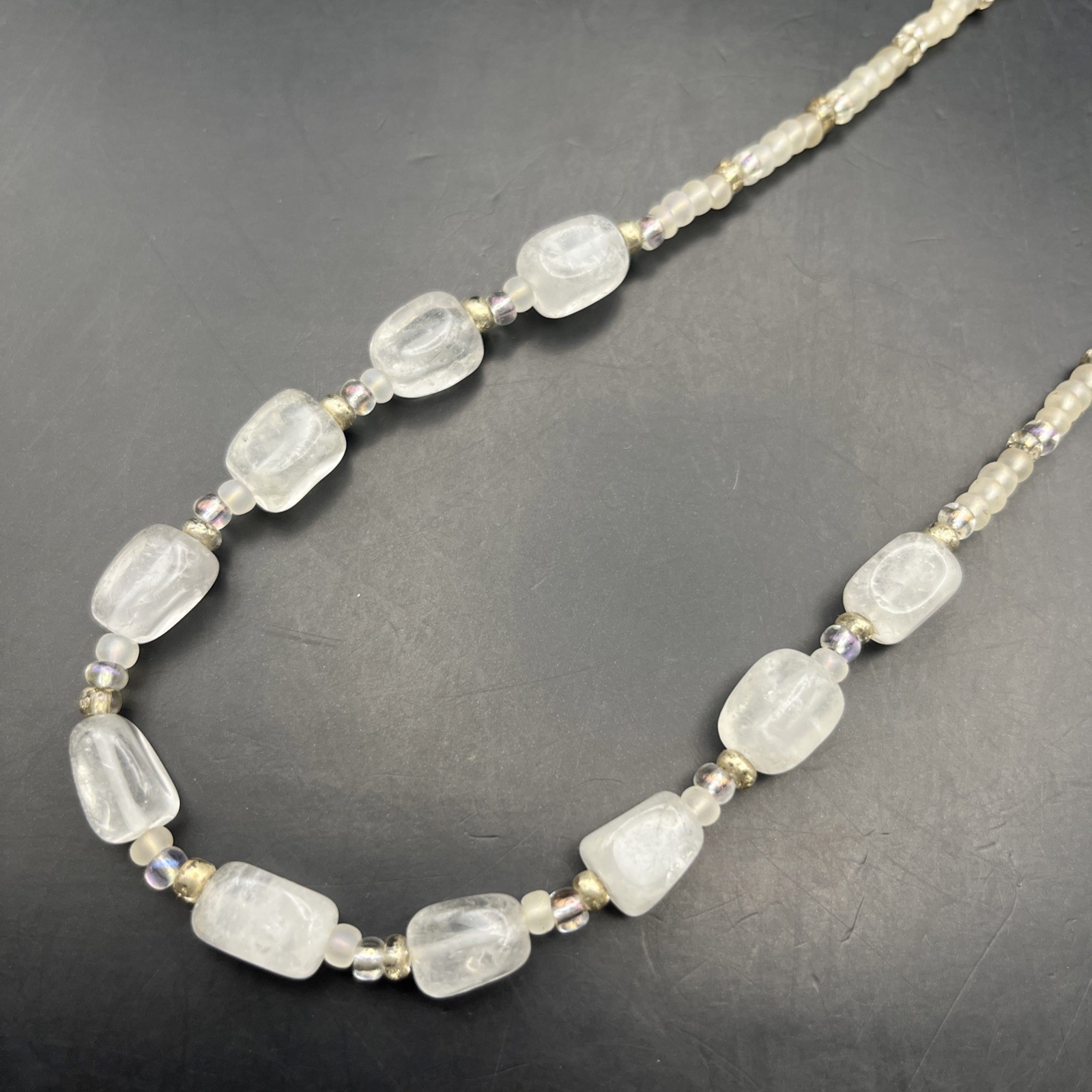 Clear Quartz Bead Necklace Gemstone Stone Nugget Seed Bead Glass Long 24 Inch
