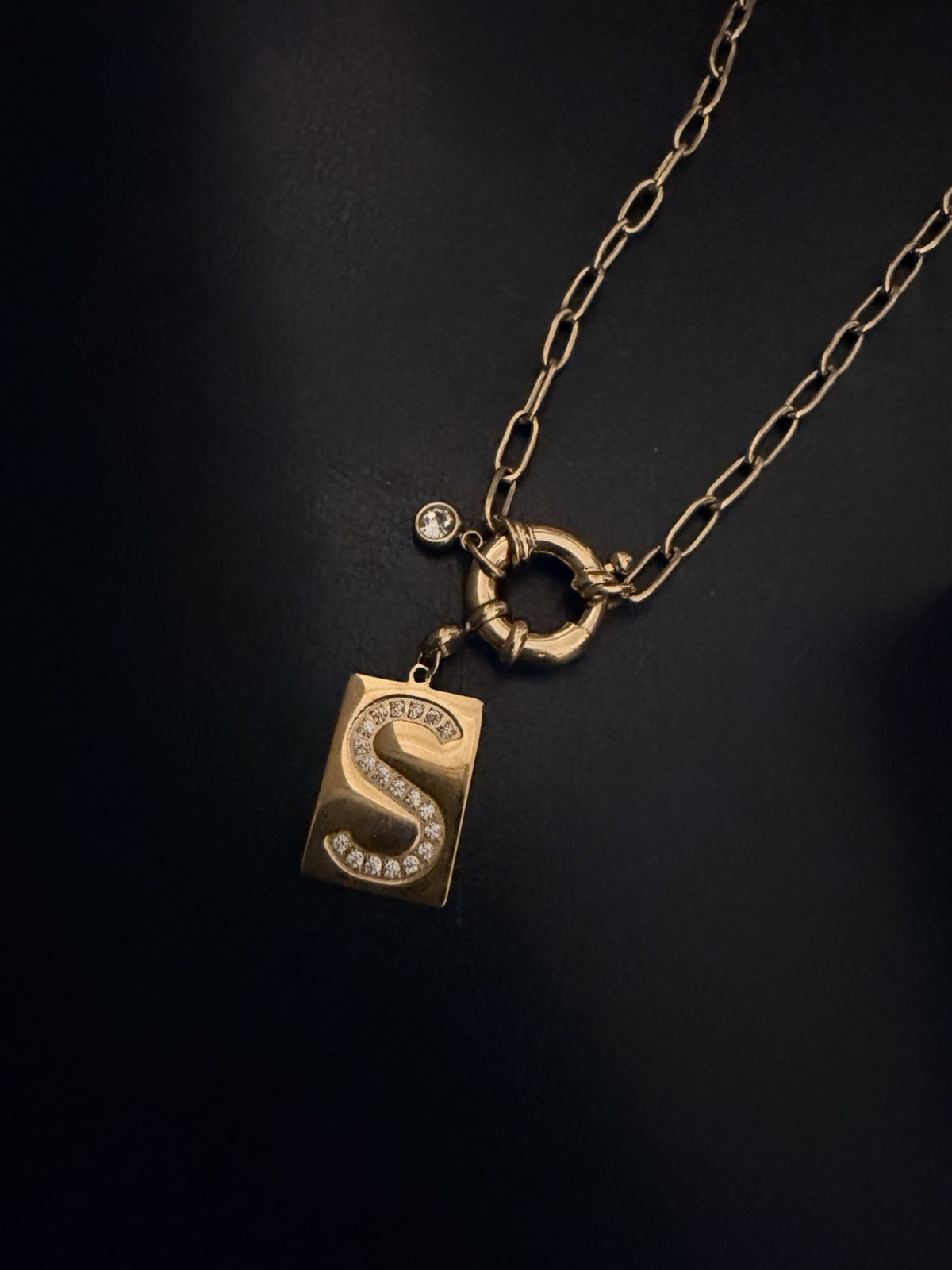 Pave Initial Pendant Necklace with Paperclip Chain