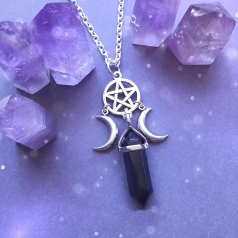 Gothic Triple Moon Pentagram Crystal Necklace Wiccan Quartz Pendant Jewelry