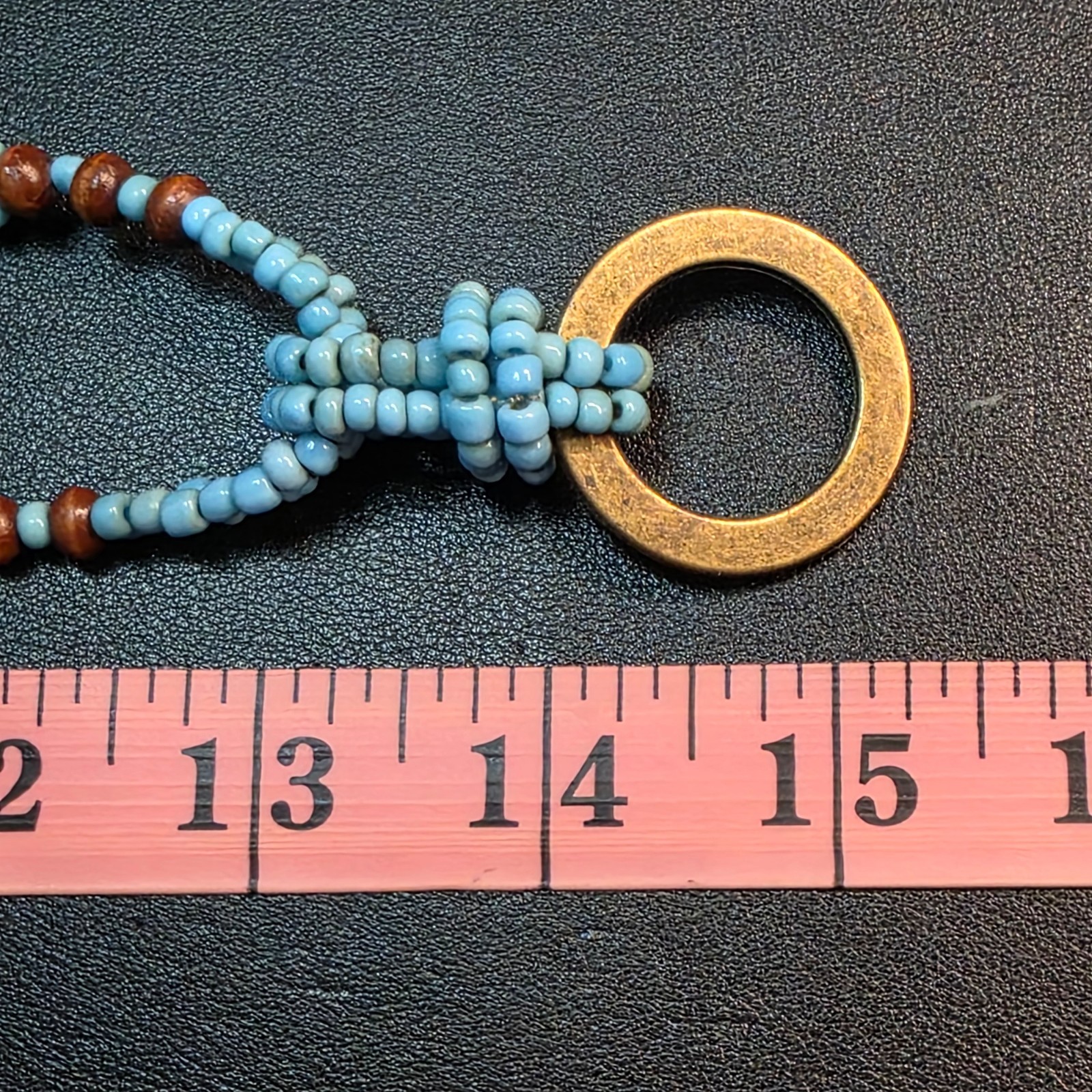 Boho Multi Strand Sky Blue Seed Bead Necklace Wood Accents Brass Ring 30″