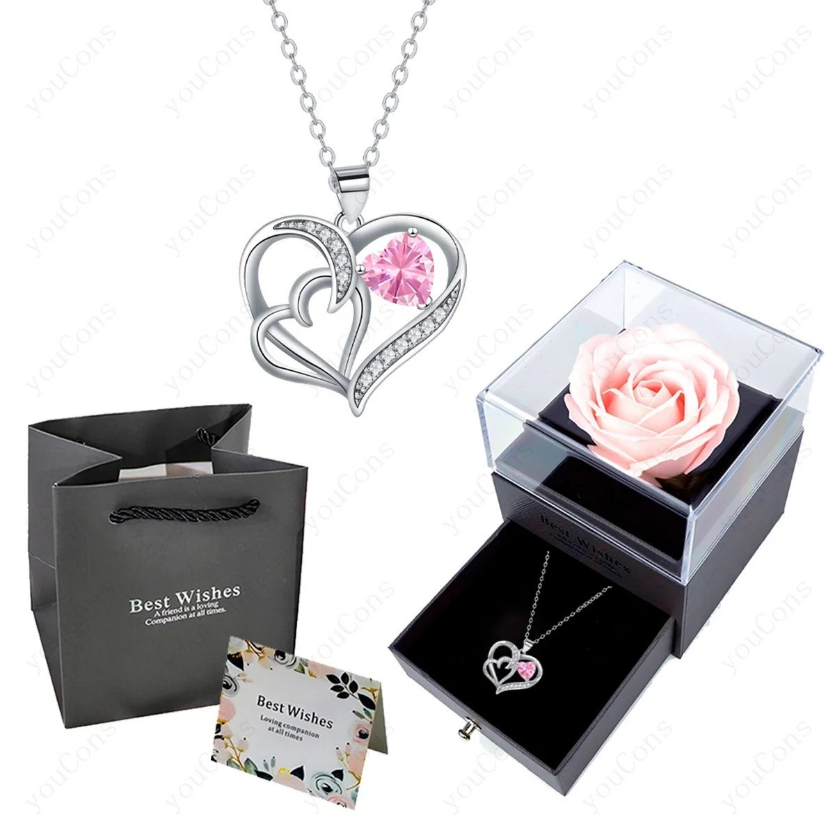 Heart Pendant Necklaces With Rose Flower Gift Box For Women Girlfriend Trendy Ch