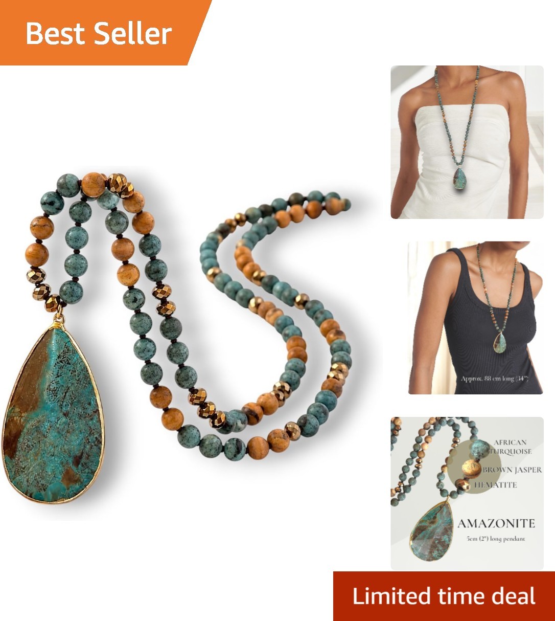 Unique Long Bead Necklace with Turquoise Green Stones & Large Natural Pendant