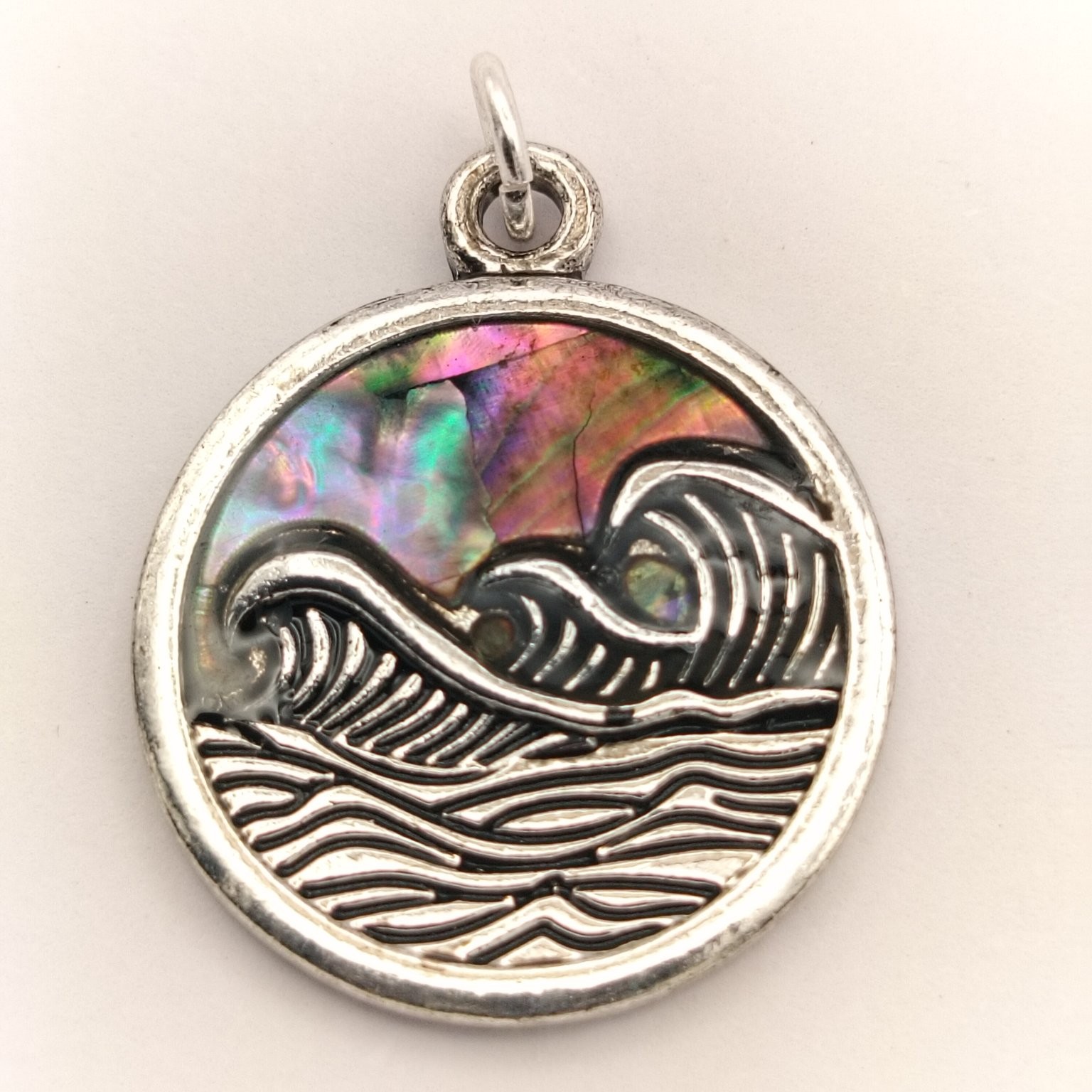 Ocean Wave Pendant Charm ~22mm Abalone Inlay Silver Tone Nautical Beach Surf