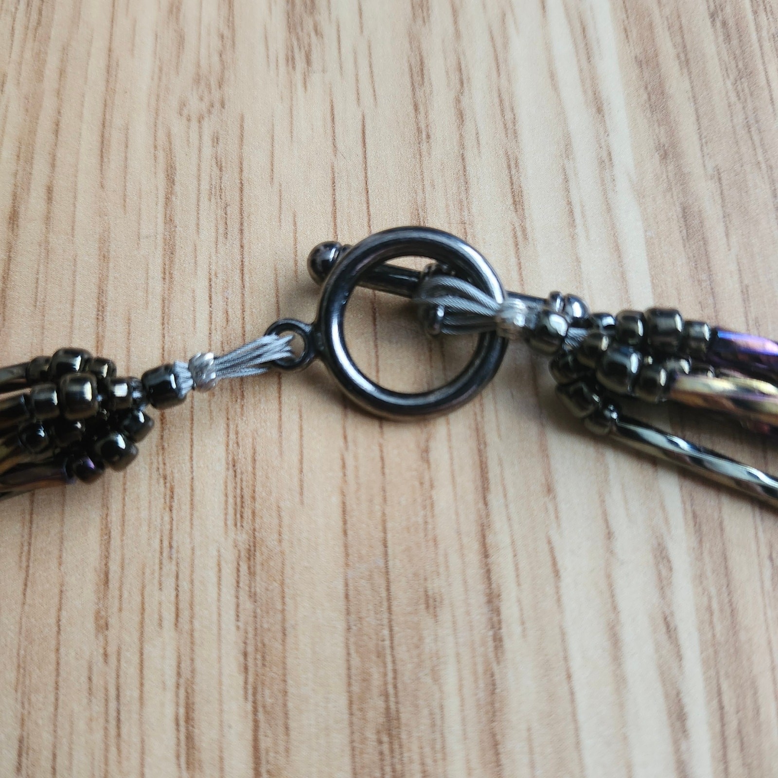 Black Iridescent Multistrand Bugle Bead Necklace 6 Strand Toggle Clasp Boho 27in