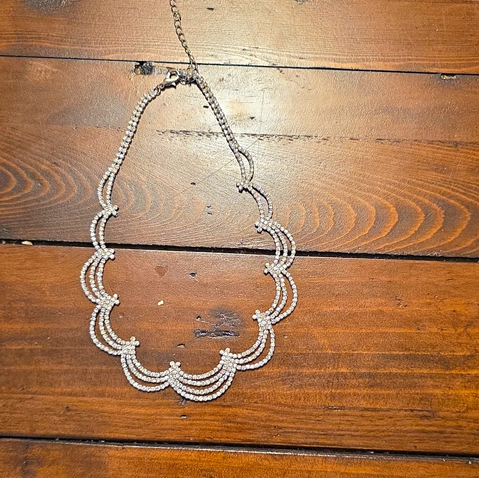 Silver Tone Scallop Bib Statement Necklace Clear Rhinestone Adjustable Lobster