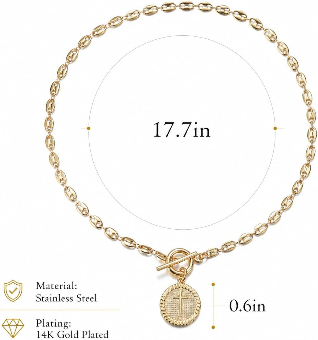 Gold Cross Necklace for Women Trendy Chunky Toggle Necklace 14K Gold Plated Cros