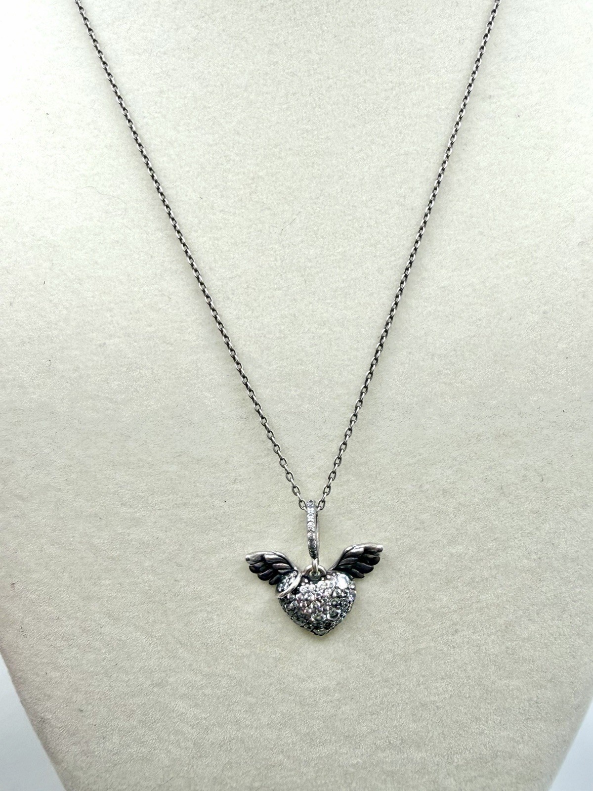 Authentic PANDORA Clear CZ Pave Heart Angel Wings 17.7″ Necklace w/Box!!