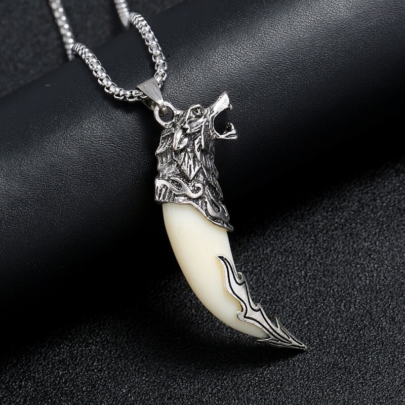 Men’s Fashion Jewelry Silver Viking Wolf Ivory Pendant Necklace 1-126
