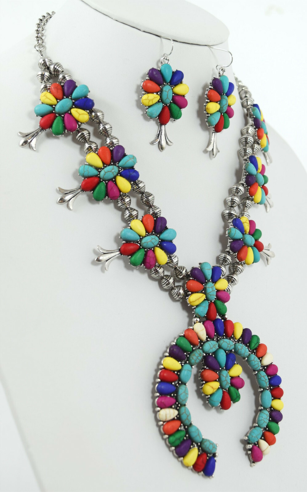 Southwestern Faux multi-color Turquoise Squash Blossom Statement Necklace