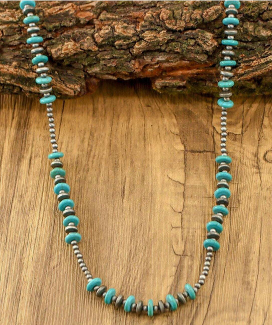 NECKLACE-Western Turquoise and Pearl Beaded Necklace, Bohemian Long Necklace
