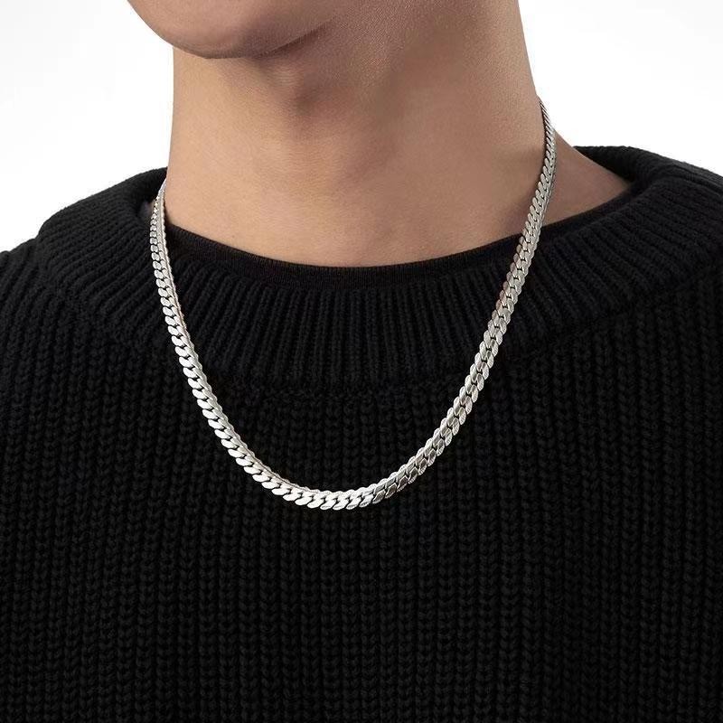 Stainless Steel Cuban Link Chain Necklace Silver Plated 50/55/60cm Men Jewelry