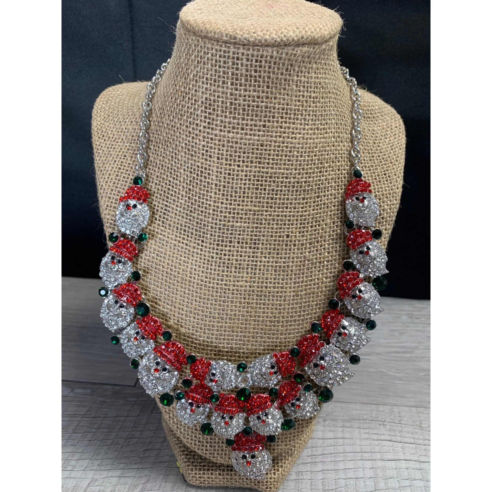 Silver Tone Santa Claus Rhinestone Bib Necklace Christmas Holiday Statement 18″