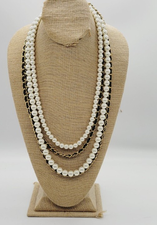 TALBOTS Necklace Faux Pearl Layered Beaded Gold tone Statement 27 in 4 row
